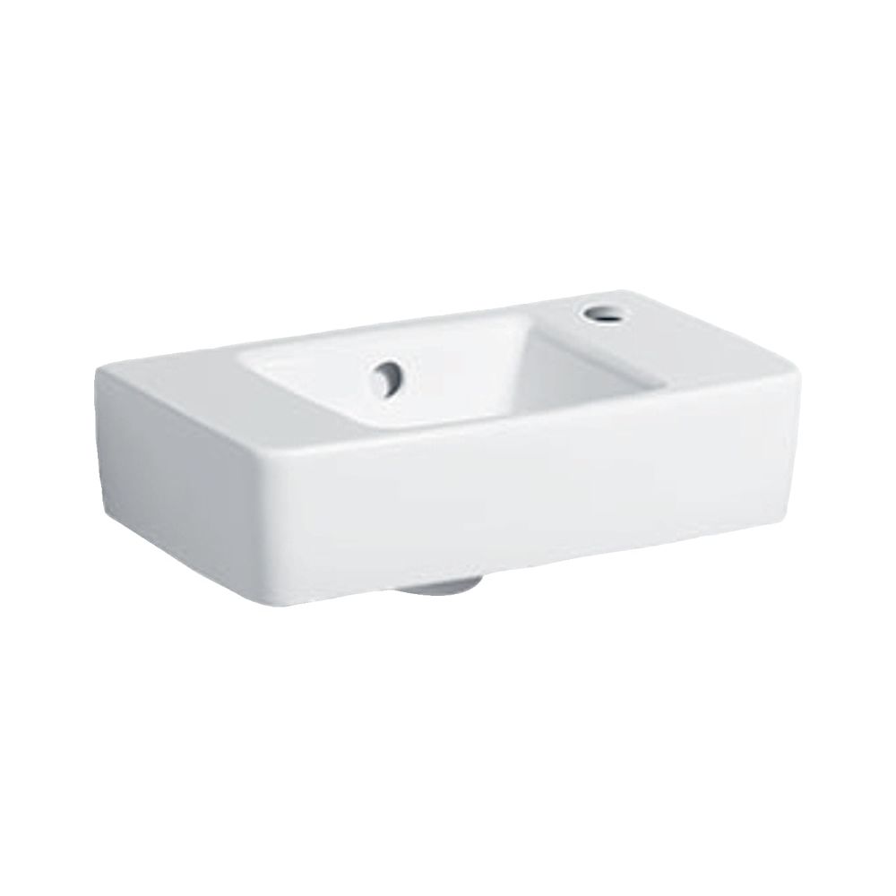 Lavabo Geberit Renova Compact à projection réduite avec surface de rangement 40x15x25 cm blanc trou de robinet à droite, trop-plein visible