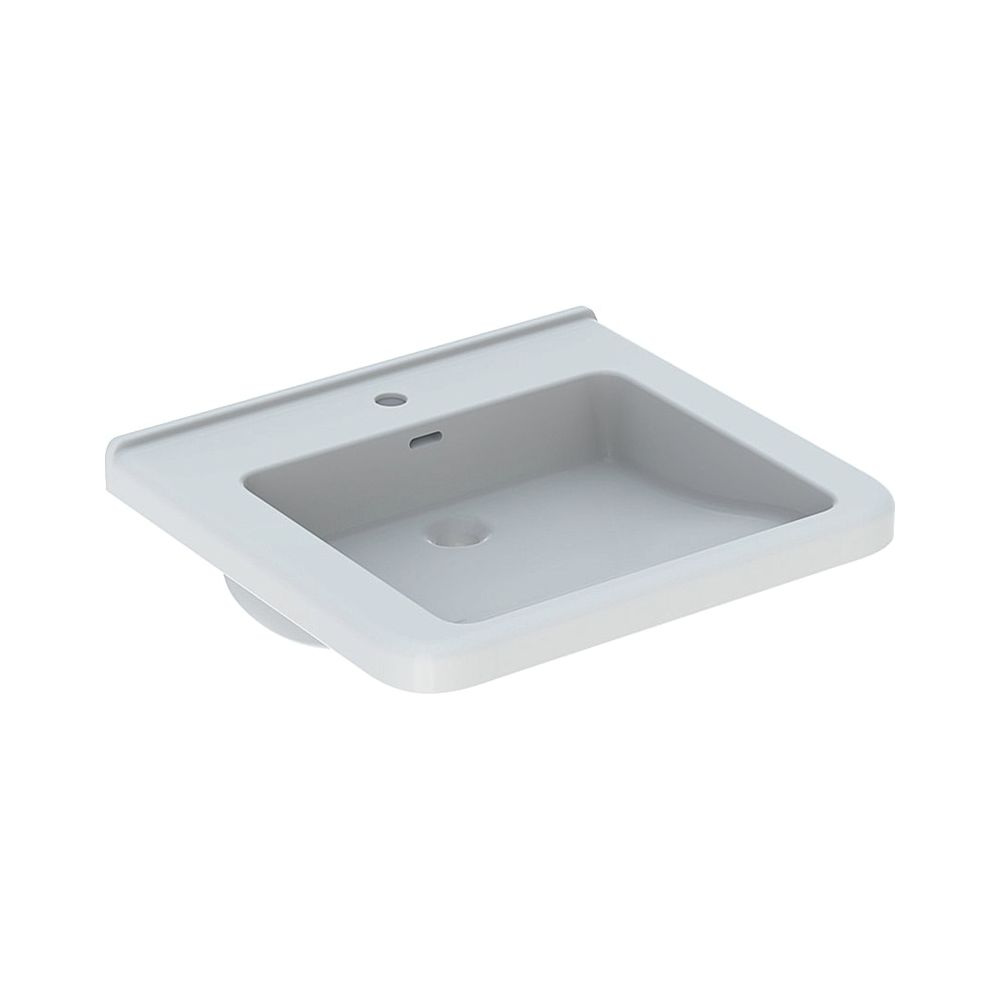 Lavabo Geberit Renova Comfort Square accessible, largeur 60 cm, profondeur 55 cm, trou de robinet central, trop-plein visible, blanc
