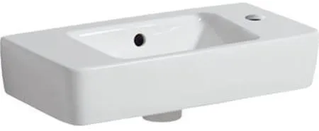 Lavabo Geberit Renova Compact avec plan de toilette à gauche, sortie 50x15x25 cm, trou de robinetterie à droite, trop-plein visible, blanc/KeraTect