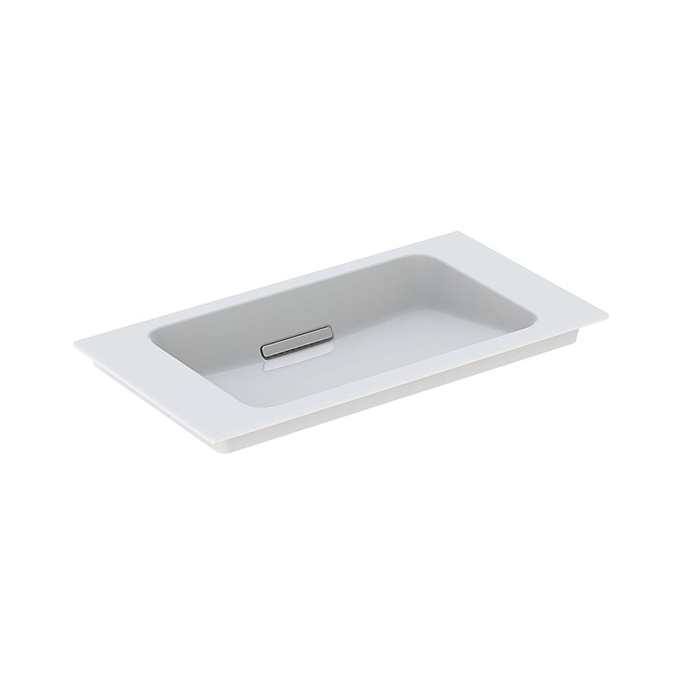 Lavabo Geberit ONE à meubler avec évacuation horizontale, sortie raccourcie, B 75 cm T 40 cm sans trou de robinet, sans trop-plein, blanc/KeraTect chromé brossé