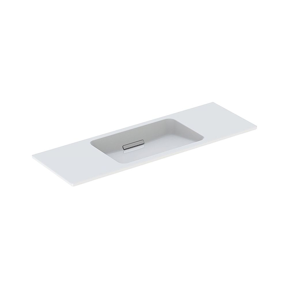 Lavabo Geberit ONE design flottant, saillie horizontale réduite, largeur 120 cm, profondeur 40 cm, sans trou de robinet, sans trop-plein, KeraTect, chrome brossé