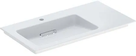 Lavabo meuble Geberit ONE avec sortie horizontale, surface de rangement à droite 90x48cm, trou de robinetterie à gauche sans trop-plein Blanc/KeraTect blanc brillant