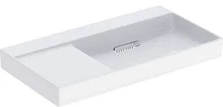 Lavabo Geberit ONE avec évacuation horizontale, surface de rangement à gauche, 90 cm P 48 cm sans trou de robinet ni trop-plein, Blanc/KeraTect, blanc brillant