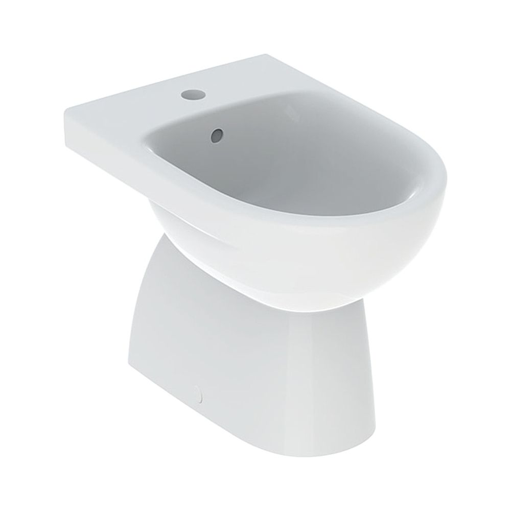 Bidet debout Geberit Renova, forme semi-fermée, profondeur 52 cm, trop-plein visible, blanc, acier inoxydable