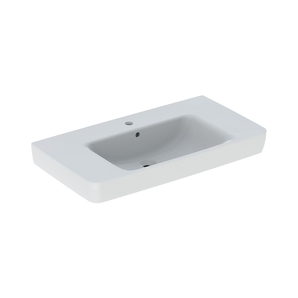 Lavabo Geberit Renova Plan, surface de pose des deux côtés, largeur 90 cm, profondeur 48 cm, trou de robinet central, trop-plein visible, blanc/KeraTect