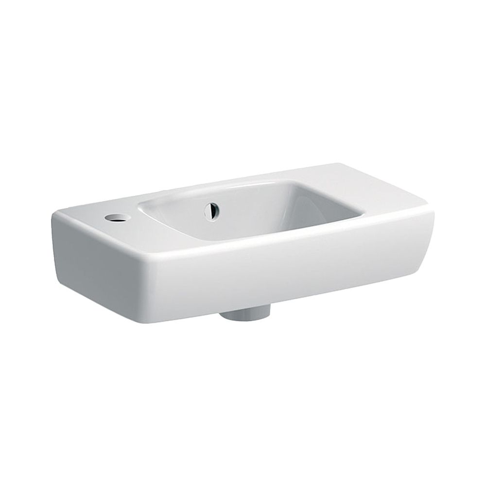 Lavabo Geberit Renova Compact avec plan de toilette à droite, saillie réduite 45x14,5x25 cm, trou de robinet à gauche, trop-plein visible, blanc