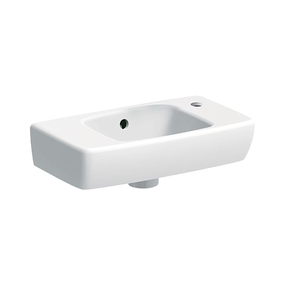 Lavabo Geberit Renova Compact avec plan de toilette à gauche, sortie 45x14,5x25cm, trou de robinetterie à droite, trop-plein visible, blanc