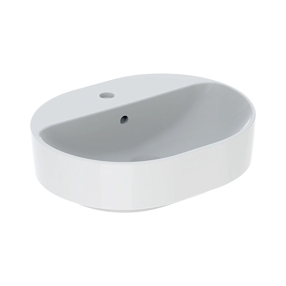 Lavabo sur meuble Geberit VariForm elliptique, banc de robinetterie, L 50 cm P 40 cm trou de robinetterie centré, trop-plein visible, Blanc/KeraTect