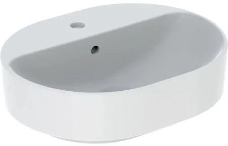 Lavabo à poser Geberit VariForm, elliptique, avec trou de robinetterie, L 50 cm P 40 cm trou de robinetterie central, trop-plein visible, blanc