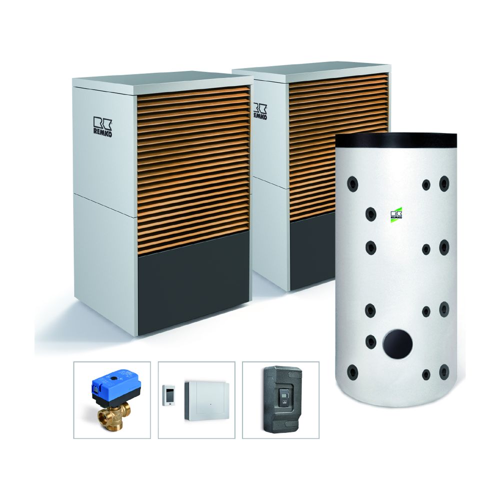 Pompe à chaleur air-eau Remko Paket Frankfurt Camura LWM 150 Duo, Designline MPS 1000, 20,58 kW à A7/W35, R454B