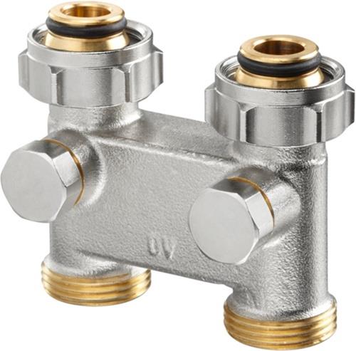Coude avec robinet d'arrêt Oventrop en exécution traversante, 50 mm, écrou union 3/4" x filetage extérieur 3/4", nickelé, 1016362