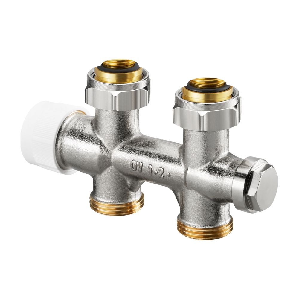 Robinetterie multibloc en T Oventrop 1/2" AG x 3/4" AG, version passage droit mono ou bitube, laiton
