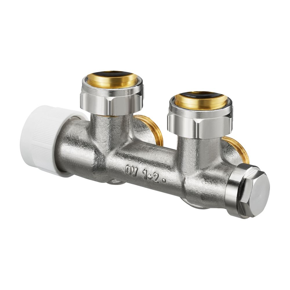 Robinetterie multibloc en T Oventrop 1/2" M x 3/4" M, version coudée pour installation mono ou bitube, laiton