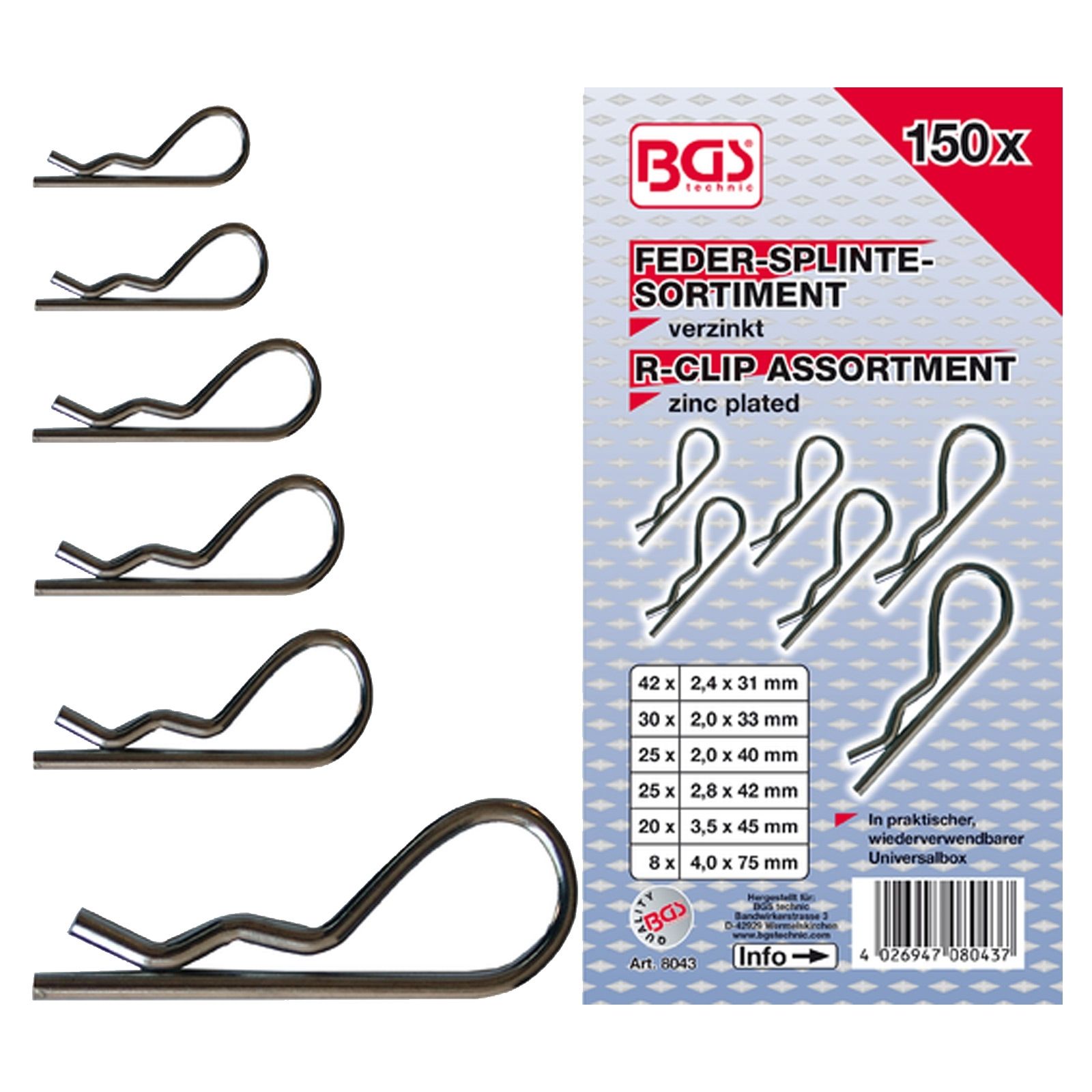 BGS Assortiment de goupilles élastiques 150 pièces - 8043