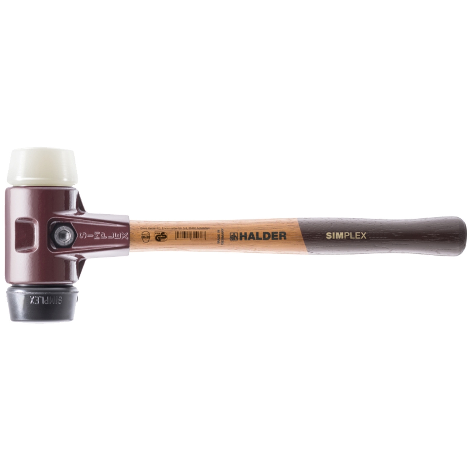 Marteau anti-rebond HALDER SIMPLEX avec corps en fonte GS et manche en bois, inserts en gomme/nylon