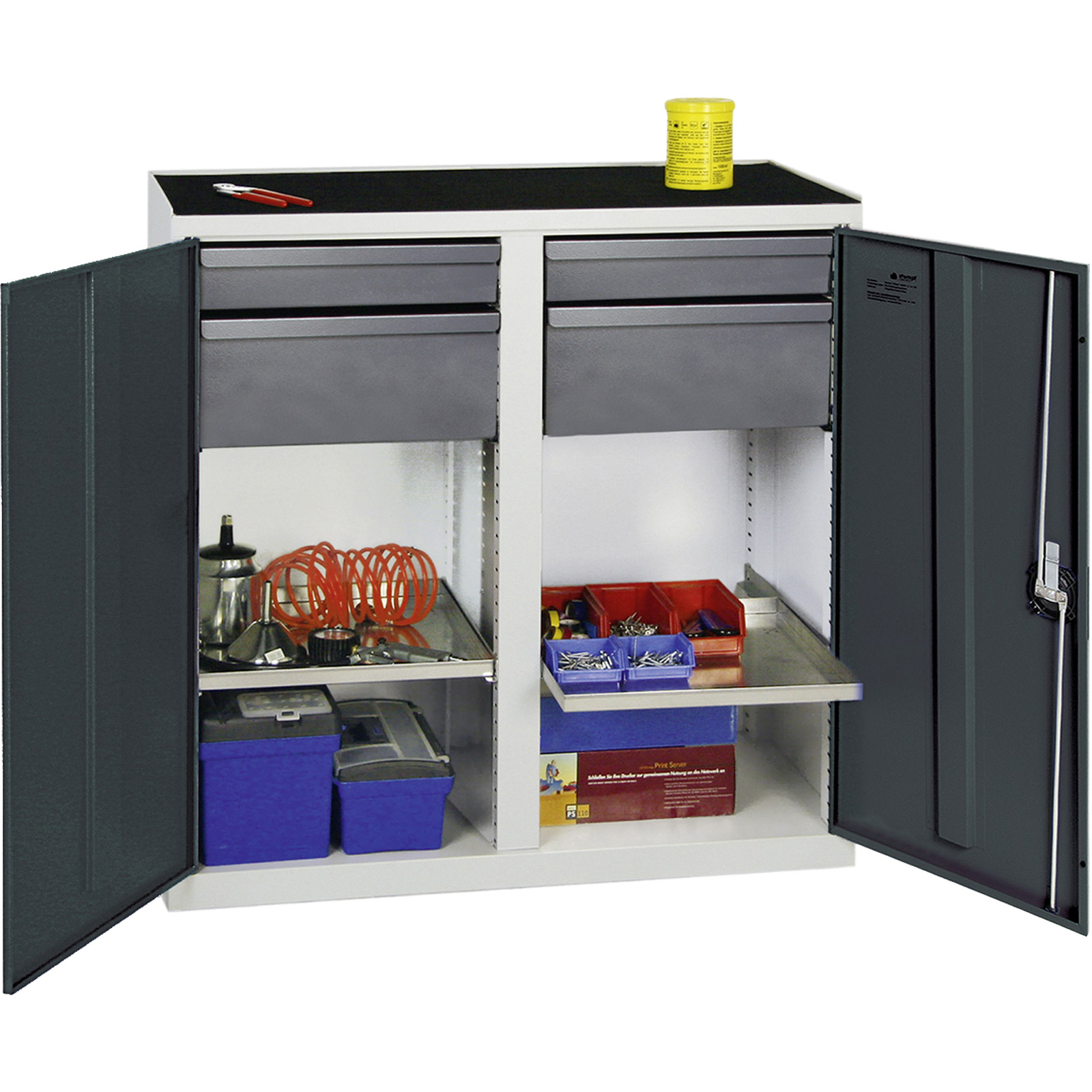 Armoire à outils et matériaux Stumpf Série 3000 gris clair / anthracite + 2 tiroirs 100 mm + 2 tiroirs 200 mm + 2 plateaux extractibles - 3002371
