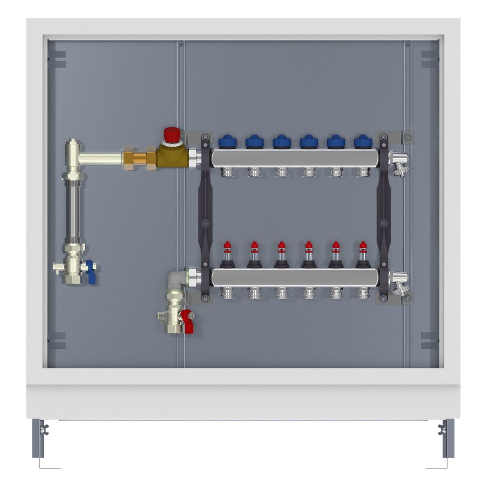 Station de distribution Roth HK 6 UP, 6 circuits, inox, 750x150x790-880 mm, Set WMZ 2 robinets à bille, vanne de régulation, blanc