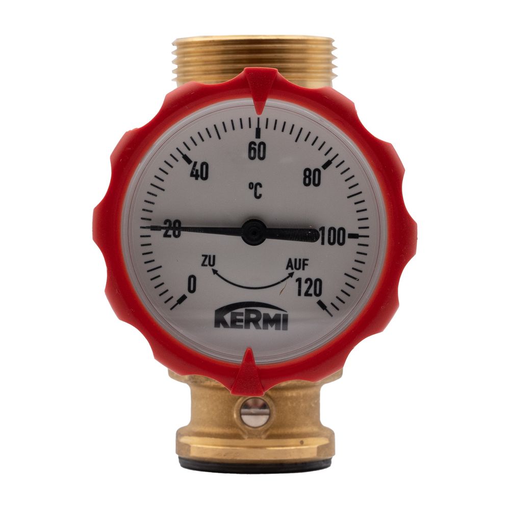 Robinet à bille 1" Kermi avec clapet anti-retour, filetage extérieur x 1 1/4", départ avec thermomètre, pour circuit de chauffage non mélangé, W90242
