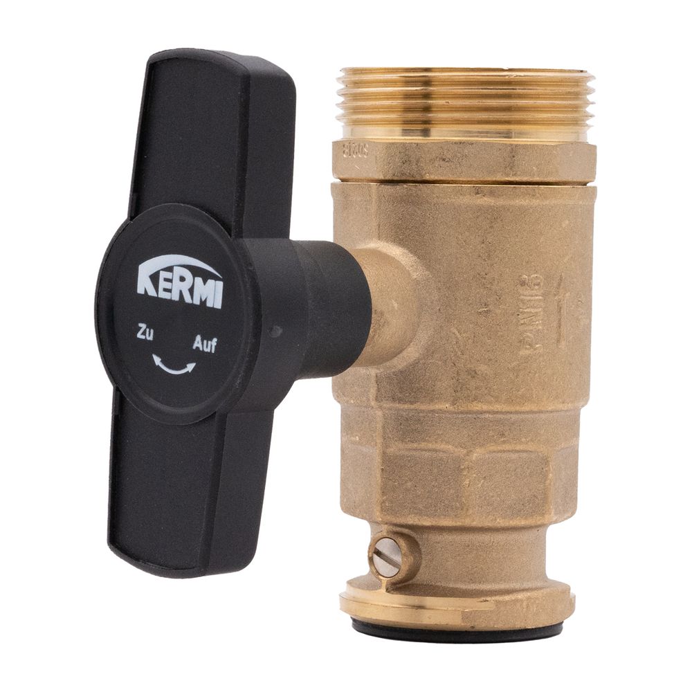 Kermi Vanne à bille 1" avec clapet anti-retour, filetage extérieur x 1 1/2" avec poignée, pour groupes de charge de stockage, W90251