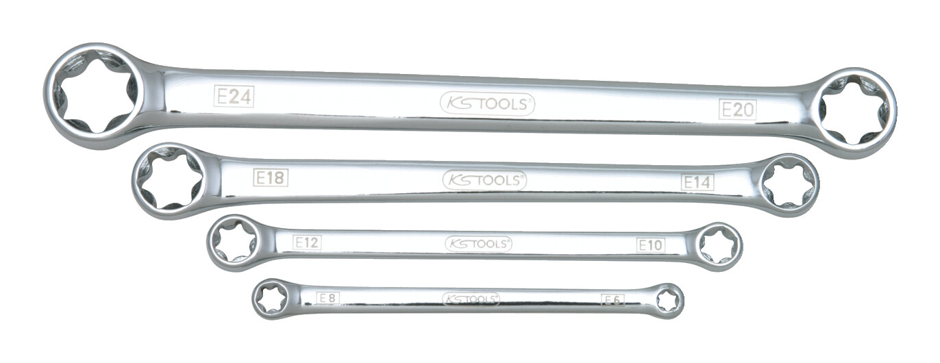 Jeu de clés à anneau Torx-E double chrome chromé KS Tools CHROMEplus, 4 pièces