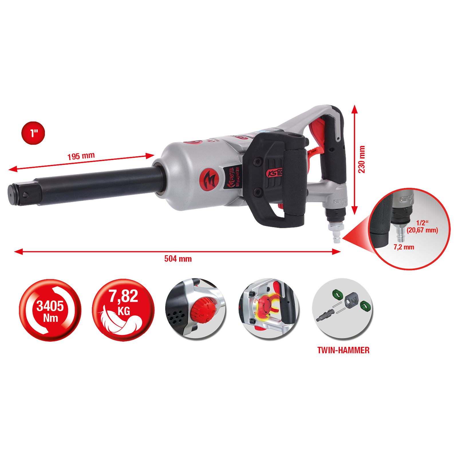 KS Tools Clé à chocs pneumatique superMONSTER 1" 3405 Nm, 504 mm