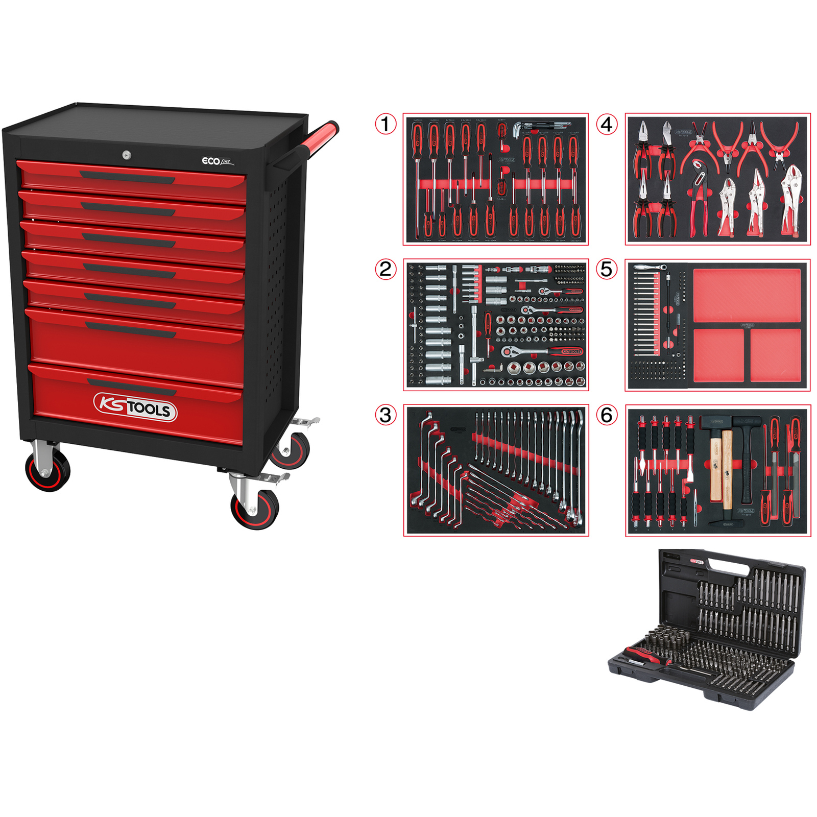 Chariot d'atelier KS Tools ECOline NOIR/ROUGE avec 7 tiroirs et 598 outils premium