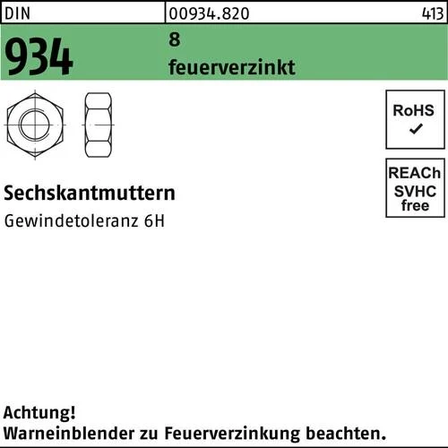 Écrou hexagonal DIN 934 M24 8 zingué à chaud 50 pièces — lot de 50 pièces