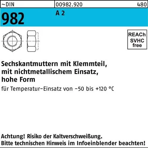 Écrou hexagonal à frein DIN 982 avec insert non métallique M20 A2 25 pièces — lot de 25 pièces