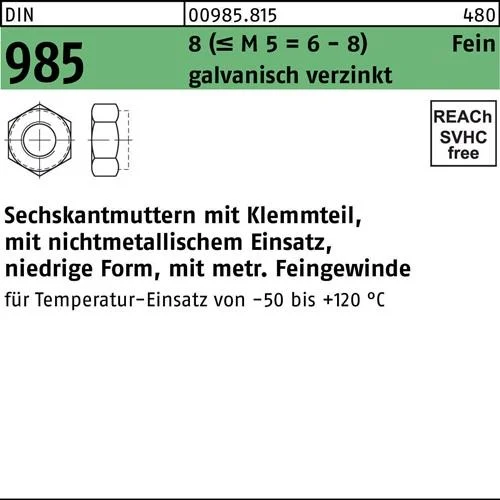 Écrou hexagonal DIN 985 à partie de serrage M12x1 8 (=M5=6/8) zingué 250 pièces — lot de 250 pièces