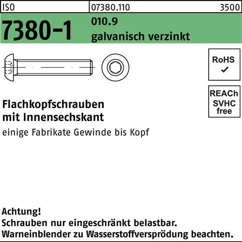 Vis à tête fraisée ISO 7380-1 à 6 pans creux M10x60 zinguée galva. 100 pièces — lot de 100 pièces