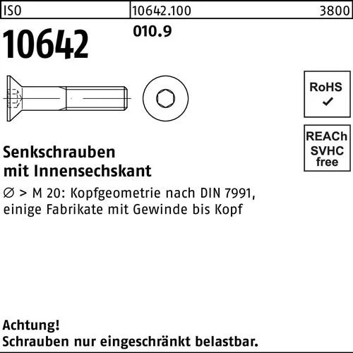 Vis à tête fraisée ISO 10642 hexagonale interne M16x45 010.9 50 pièces — lot de 50 pièces