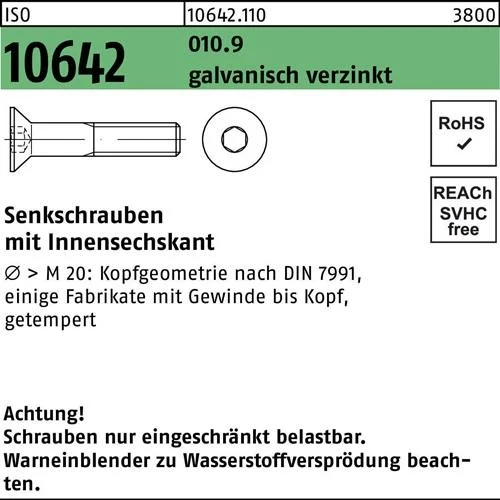 Vis à tête fraisée ISO 10642 hexagonale interne M10x70 010.9 zinguée 100 pièces — lot de 100 pièces