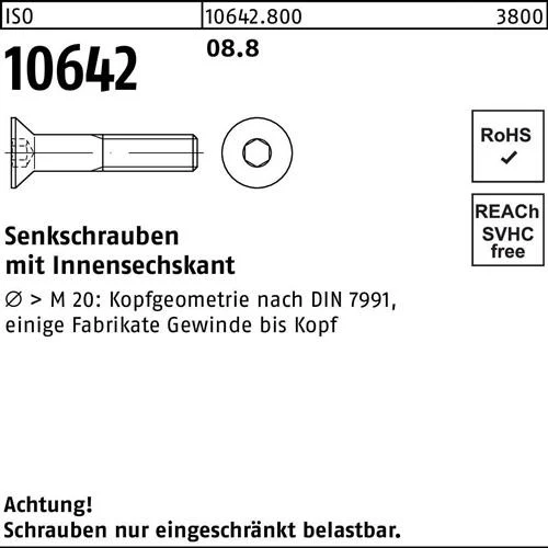 Vis à tête fraisée ISO 10642, hexagone creux M24x100, classe 8.8, 1 pièce