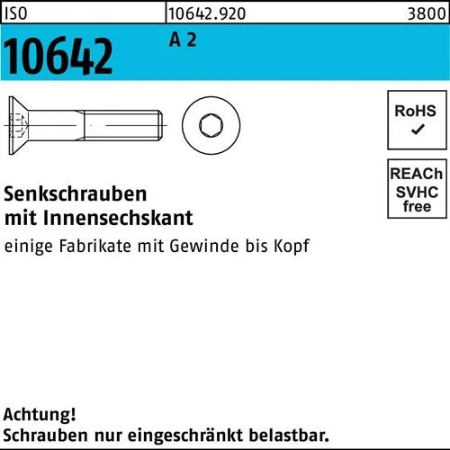Vis à tête fraisée à six pans creux ISO 10642 M6x14 A2 500 pièces — lot de 500 pièces