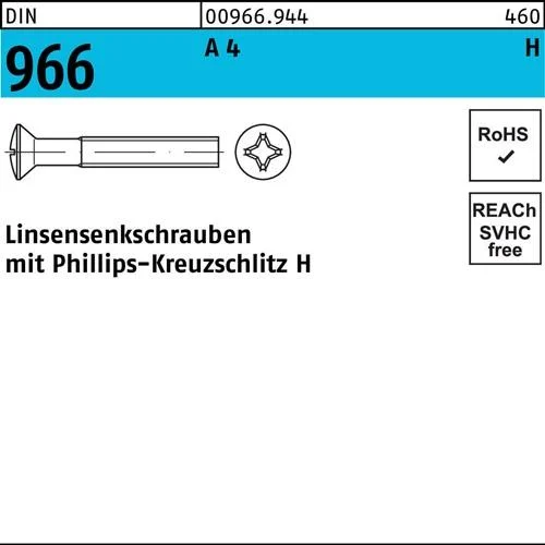 Vis fraisée bombée DIN 966 Phillips PH M6x55-H A4 200 pièces — lot de 200 pièces
