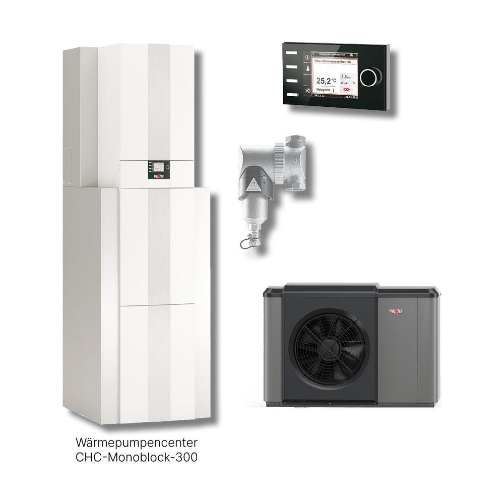 Pack Wolf CHC-Center 10/300 Pompe à chaleur air-eau Monobloc 9,8 kW à A7/W35, R290, avec BM-2, ballon ECS, console