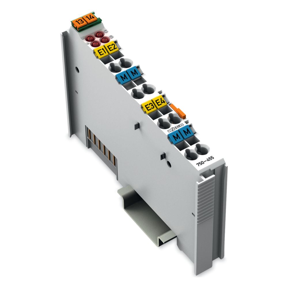 Module d'entrée analogique Wago 750-455, 4 canaux, 12 bits, 12x100x69,8 mm, polycarbonate/polyamide 6.6, gris clair, 1