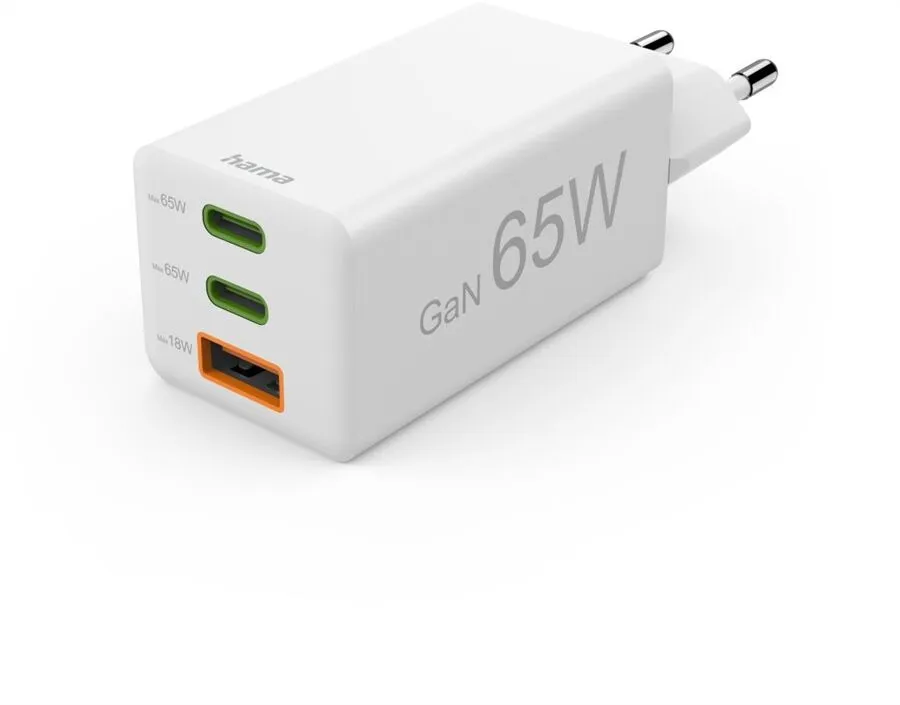 Chargeur rapide GaN Hama 65W USB-A, 2x USB-C, blanc
