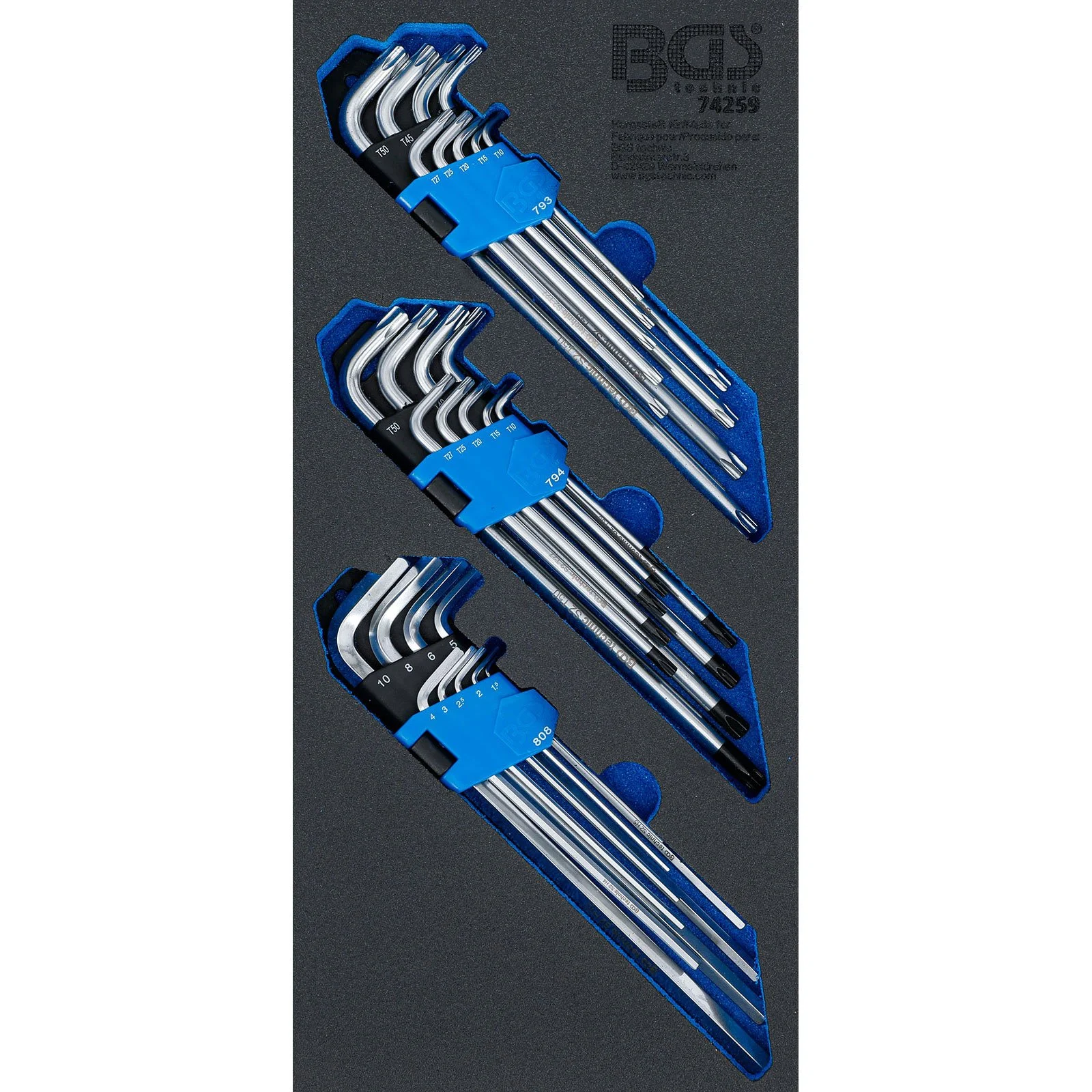 Insert pour chariot d'atelier BGS 1/3 : Clé polygonale en T extra longue (pour Torx) / Profil en T (pour Torx) avec trou / Clé hexagonale 27 pièces - 74259