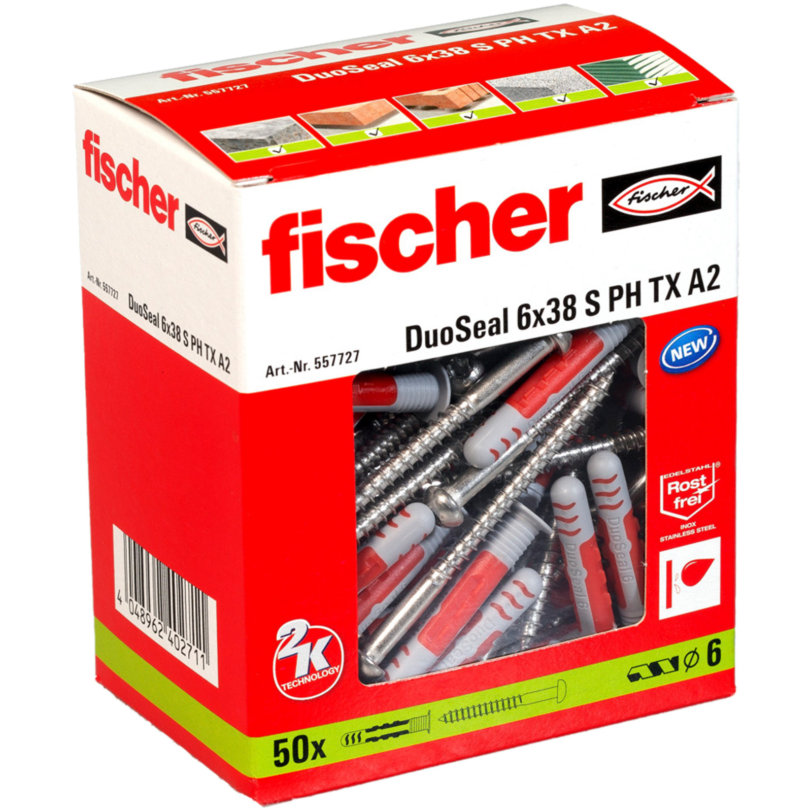 Cheville universelle Fischer DuoSeal 6x38 S A2 avec vis — lot de 50 pièces