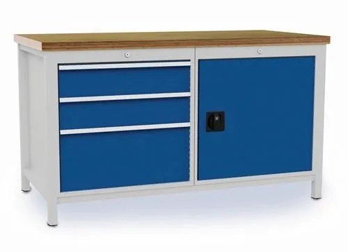 Établi Bedrunka+Hirth signal bleu, RAL 5005 gris clair, RAL 7035, 1500x859x750 mm, contreplaqué hêtre 40 mm, 3 tiroirs et 1 porte