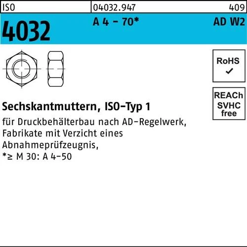 Écrou hexagonal ISO 4032 M16 A4 - 70 AD-W2 50 pièces — lot de 50 pièces