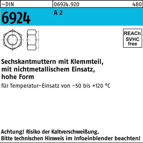 Écrou hexagonal DIN 6924 partie de serrage M20 A 2 25 pièces — lot de 25 pièces