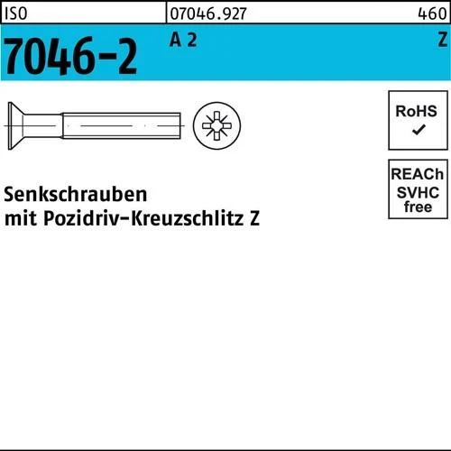 Vis à tête fraisée ISO 7046-2 PZ M6x70-Z A2 100 pièces — lot de 100 pièces