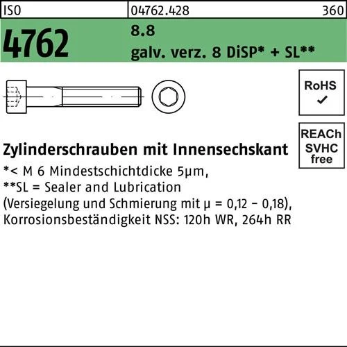 Vis cylindrique ISO 4762 hexagonale creuse M12x25 8.8 galvanisée 8 DiSP+SL 100 pièces — lot de 100 pièces