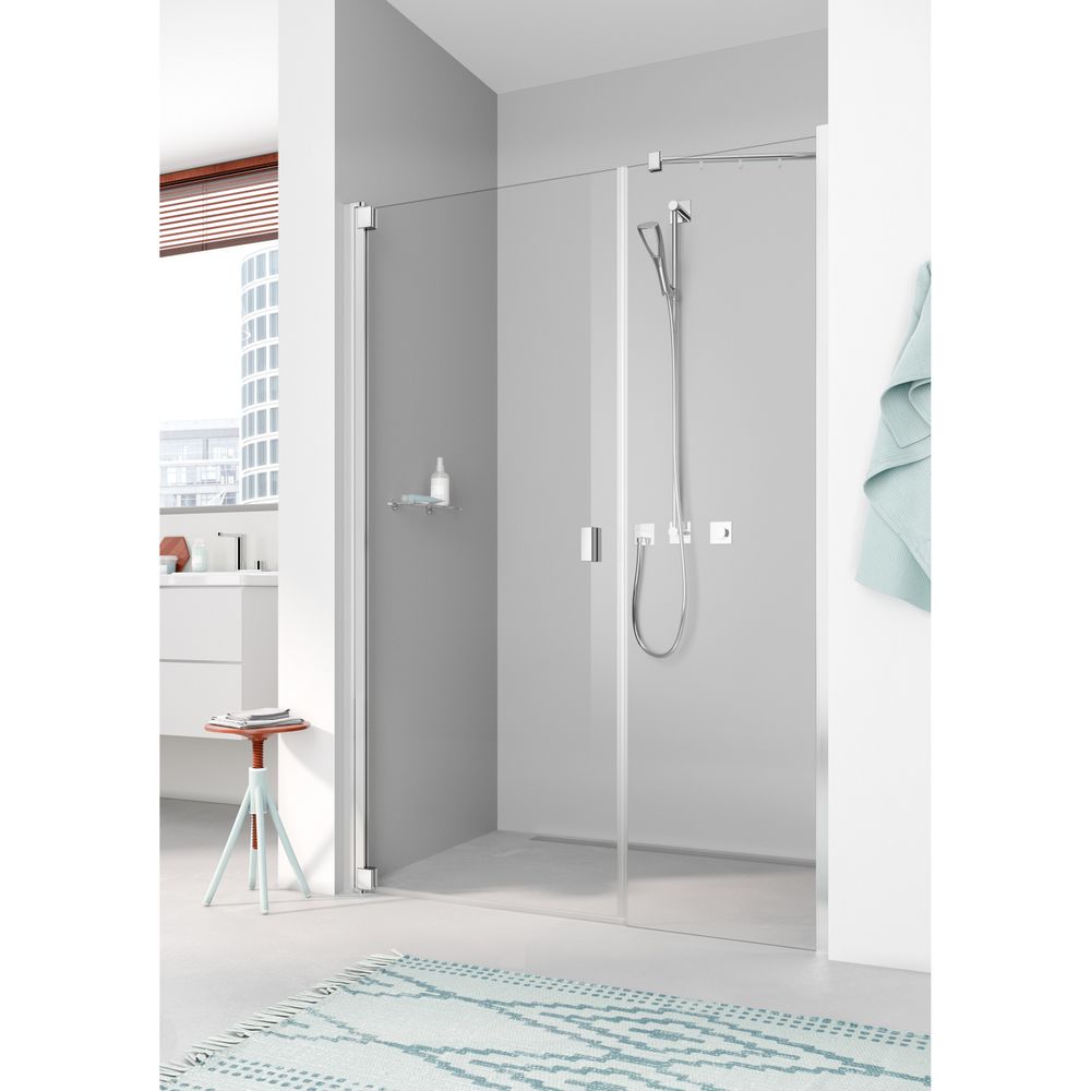 Porte coulissante Kermi Raya 1F avec panneau fixe 1OR 2000x1300x32mm - Verre ESG transparent 6mm - Argent mat - Ouverture à droite - Clean