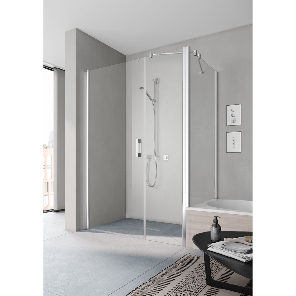 Porte pivotante Kermi Pega 1F avec champ fixe 1OL 2000x1000x27 mm ESG transparent 6 mm argent brillant, ouverture à gauche