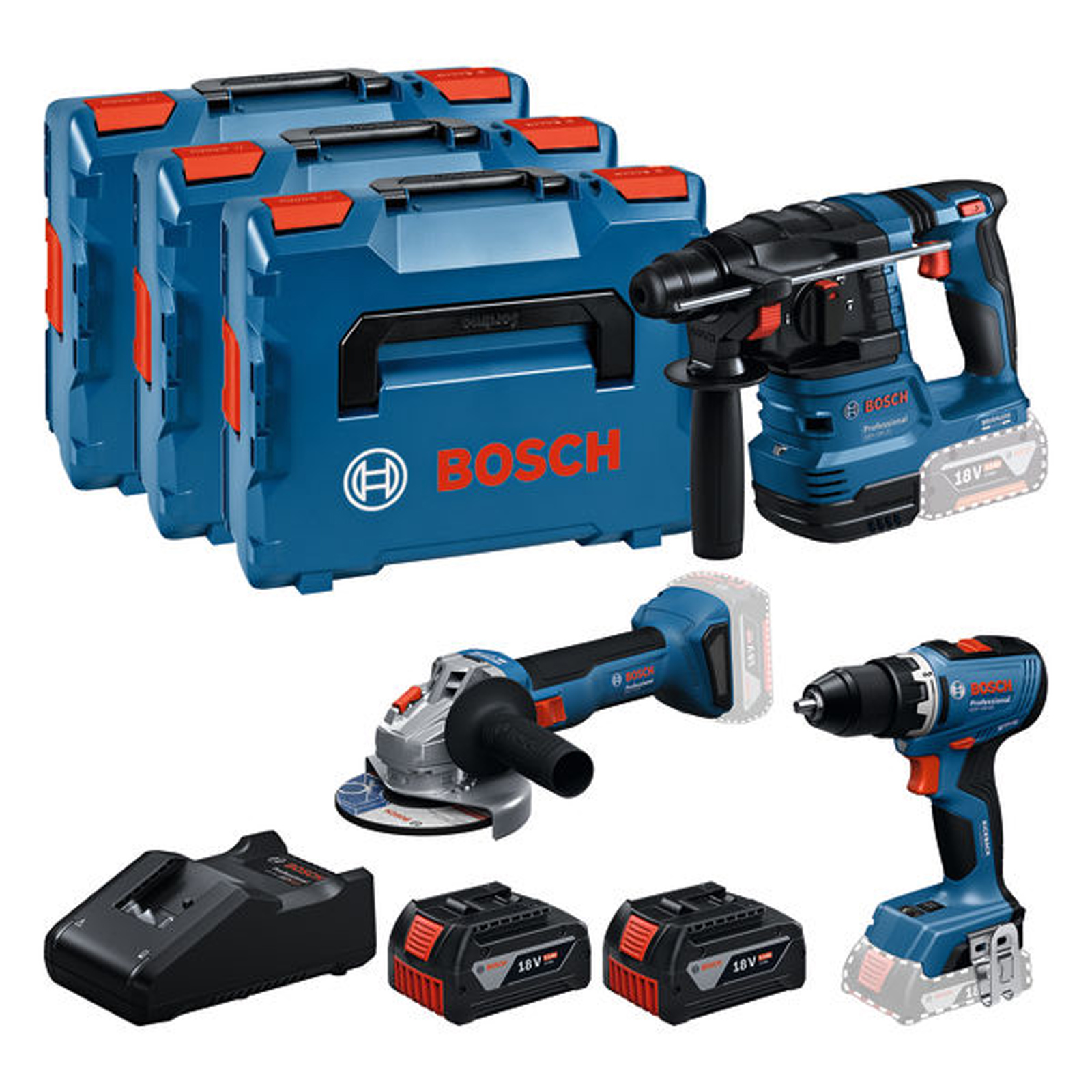 Kit Combo Bosch 18V avec 3 outils : GSR + GBH + GWS + 2x GBA 5,0 Ah + GAL 18V-40