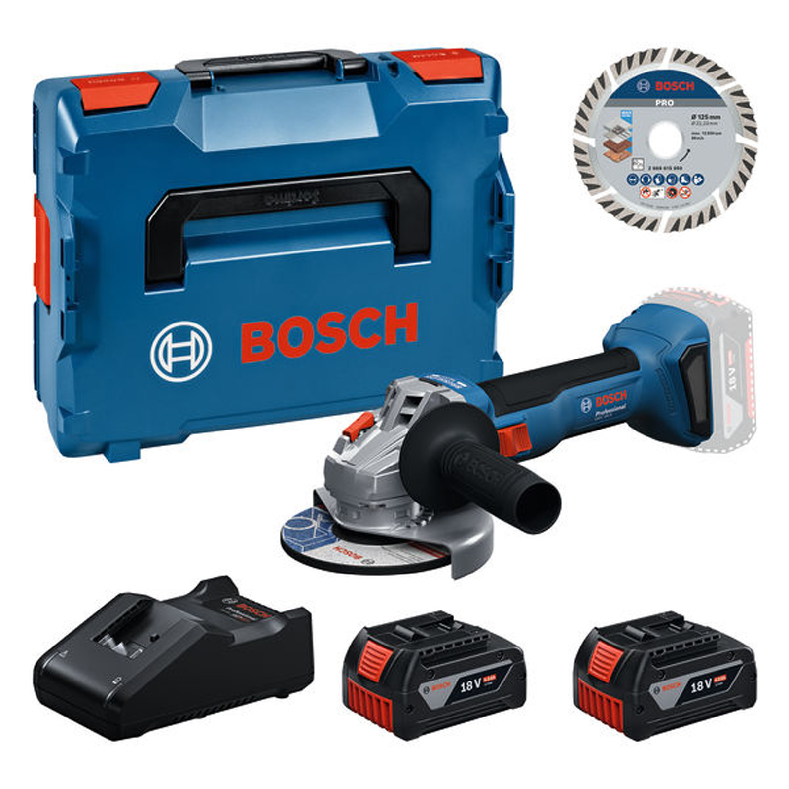 Set de meuleuse d'angle sans fil Bosch GWS 18V-8 + disque de tronçonnage + 2x 4,0 Ah et chargeur en L-BOXX