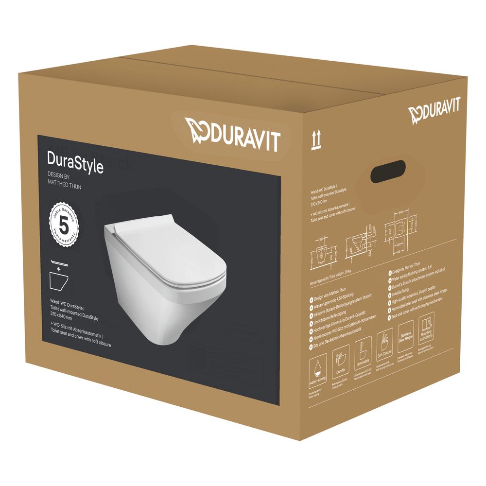 Set WC mural Duravit DuraStyle, cuvette, abattant, blanc brillant, chasse d'eau fermée, sortie horizontale, volume de chasse 4,5 L